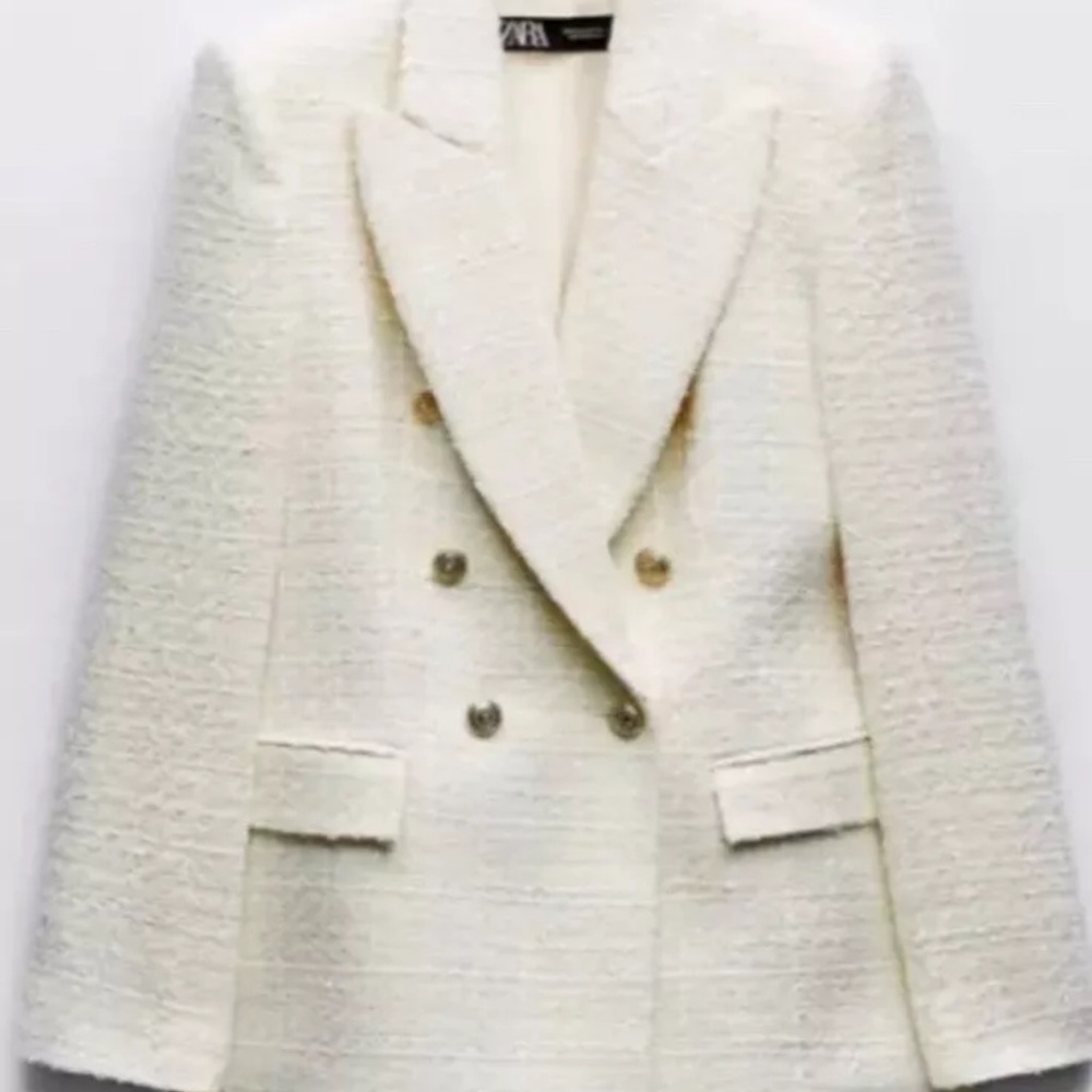 ZARA ECRU GOLD BUTTON DBL BREASTED BLAZER BLOGGERS FAVE KATE MIDDLETON TWEED XS - Picture 7 of 13